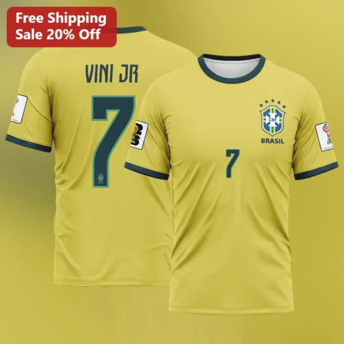 BRASIL Tee Vinicius Junior Soccer Fan Graphic T-Shirt Brazil World Cup Yellow Jersey Style