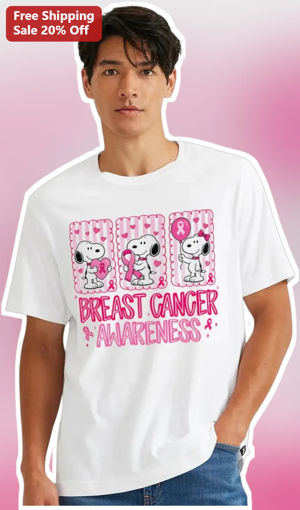 Breast Cancer Awareness Snoopy Pink Ribbon Graphic Tee Gift for Women