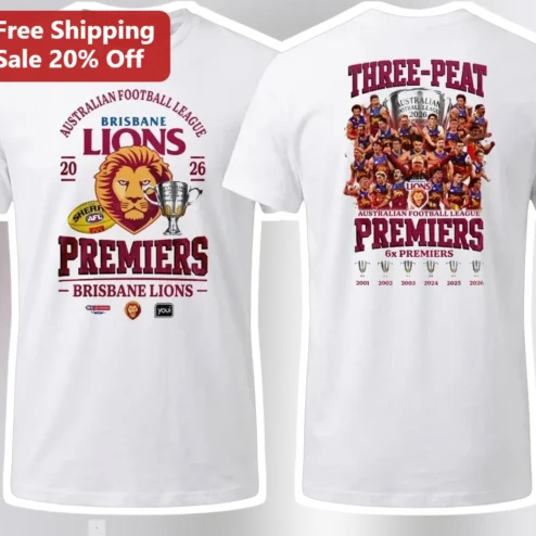 Brisbane Lions AFL Three-Peat Premiers Tee 6x Champions Footy Fan Gift