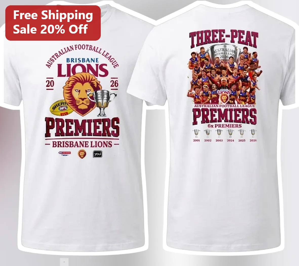 Brisbane Lions AFL Three-Peat Premiers Tee 6x Champions Footy Fan Gift