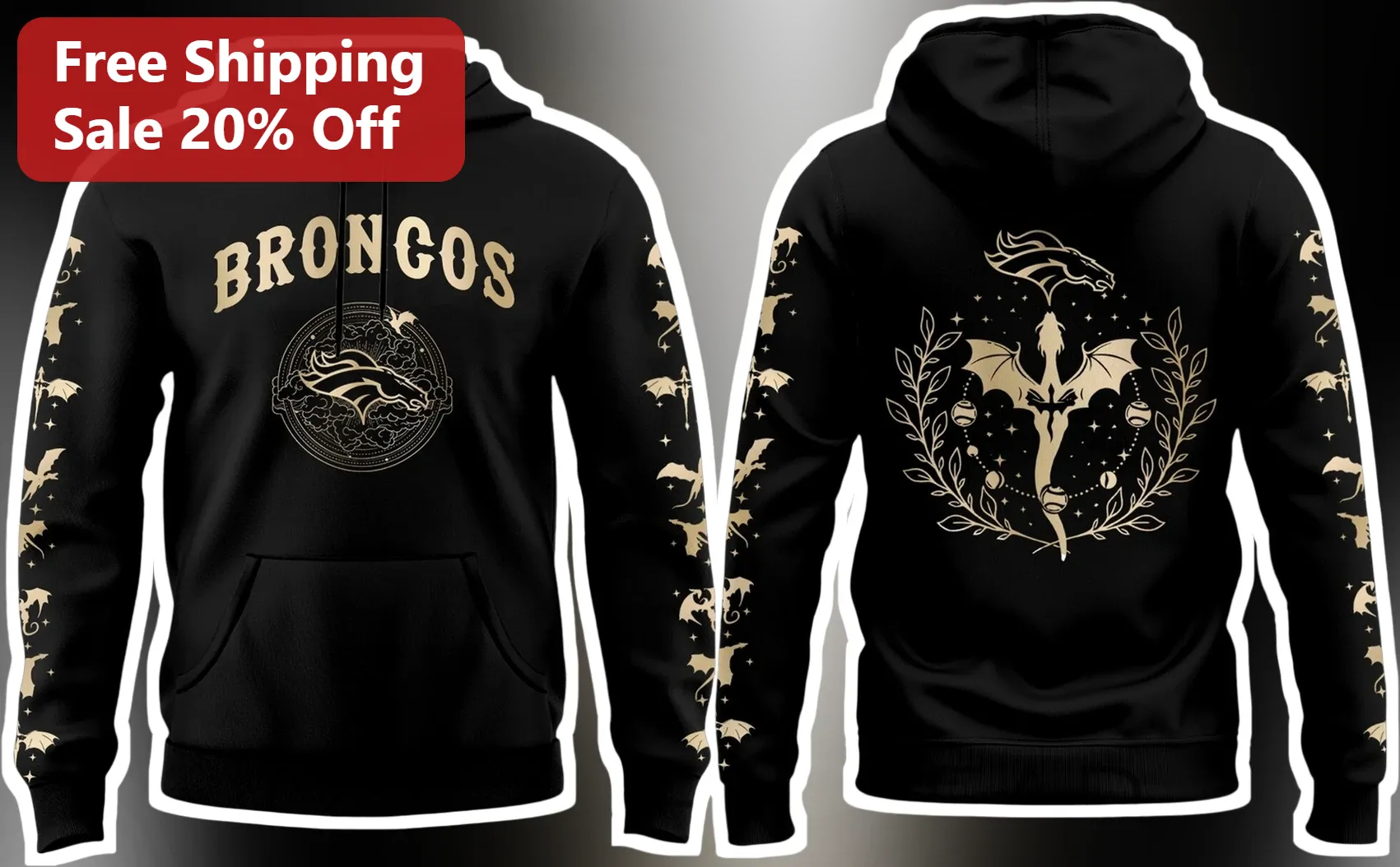 Broncos Hoodie Fantasy Dragon Vintage Crest Black Pullover for Men Women Game Day Apparel