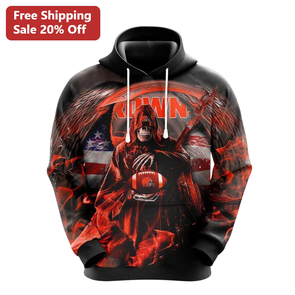 Brown Hoodie Cleveland Browns Fan Skeleton Reaper Football Pullover