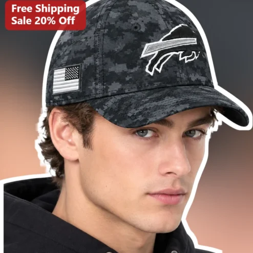 Buffalo Bills Camo Hat Digital Camouflage Baseball Cap with American Flag Patch for Men NFL Fans