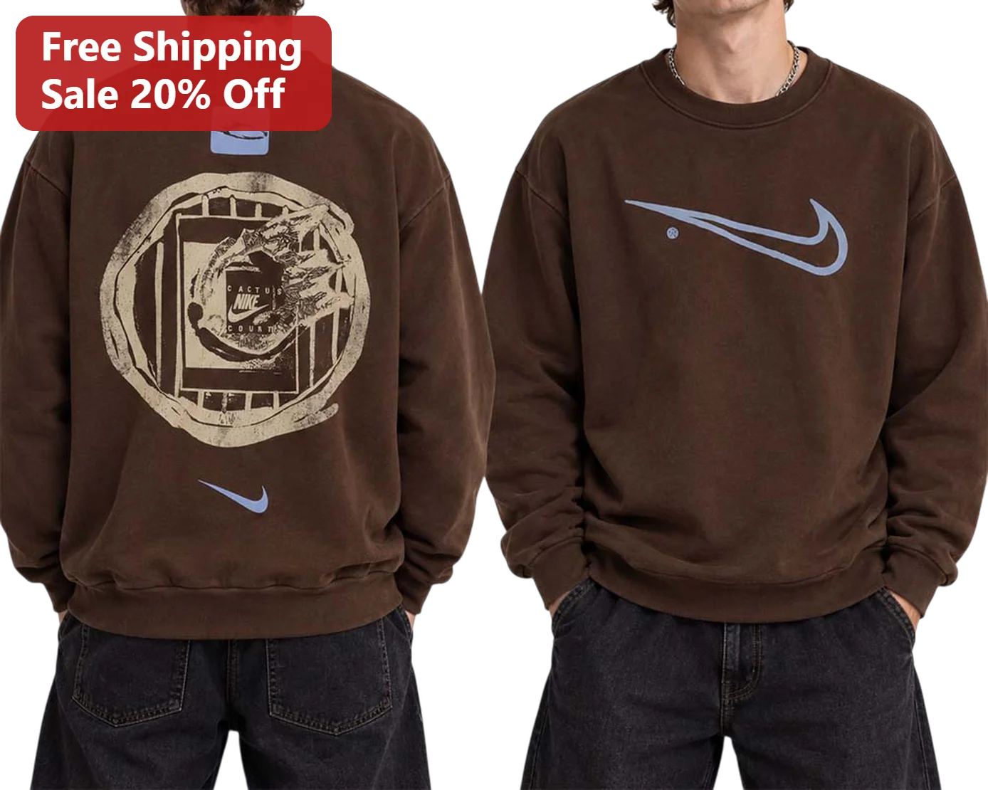 Cactus Nike Court Sweatshirt Vintage Distressed Brown Crewneck Streetwear Apparel