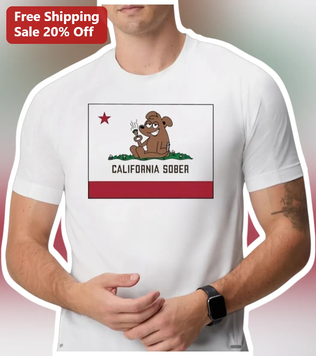 California Sober Dog Smoking Joint Graphic Tee Funny Cannabis Humor Shirt for Adults
