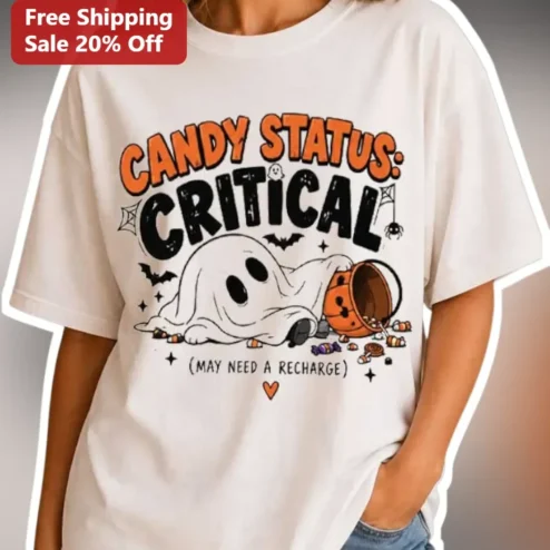Candy Status Critical May Need A Recharge Funny Halloween Ghost Tee