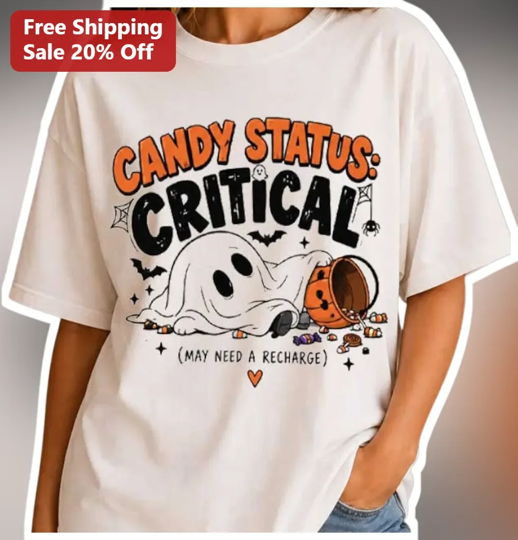 Candy Status Critical May Need A Recharge Funny Halloween Ghost Tee