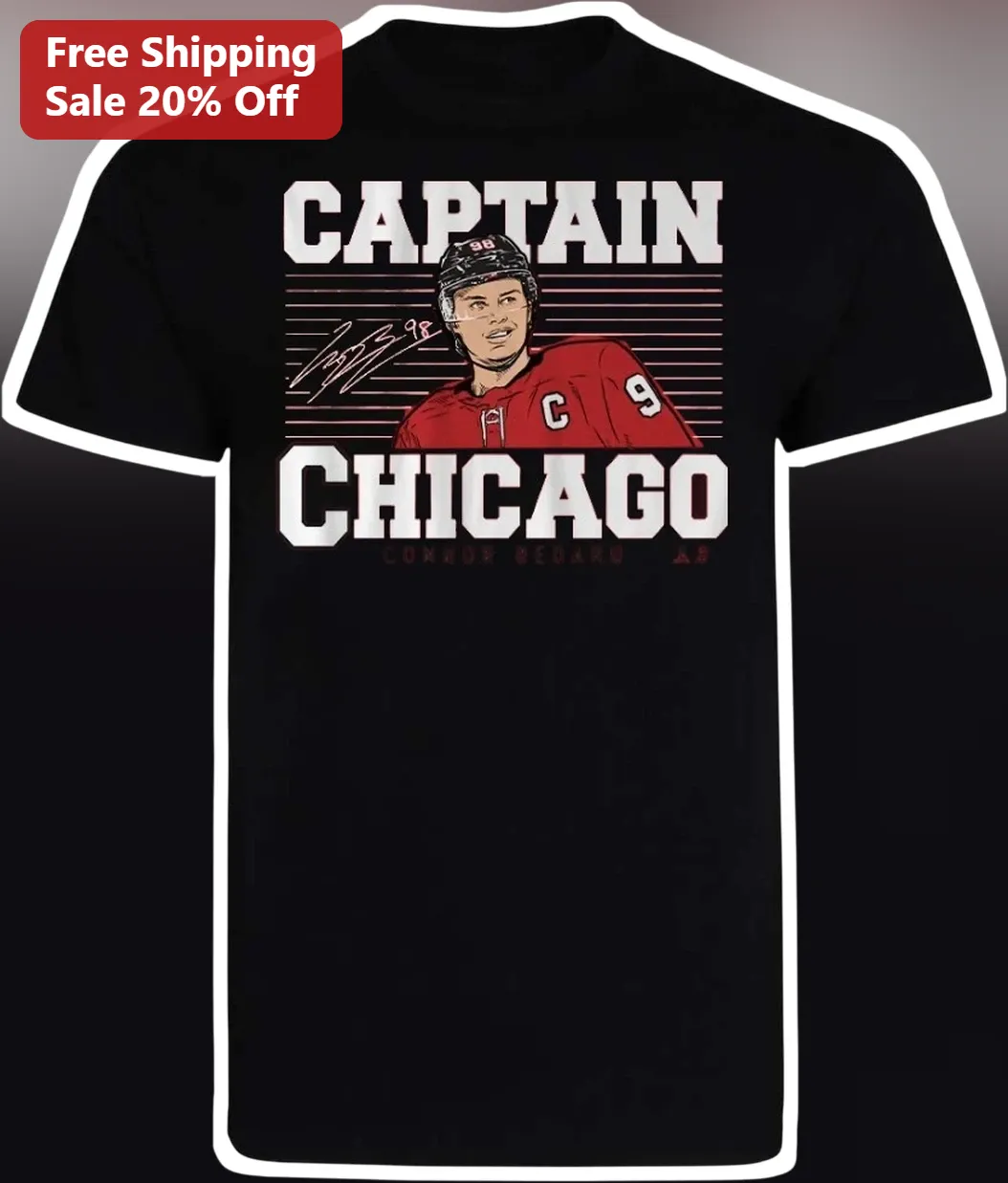 Captain Chicago Tee Connor Bedard Hockey Fan Vintage Style Black T-Shirt