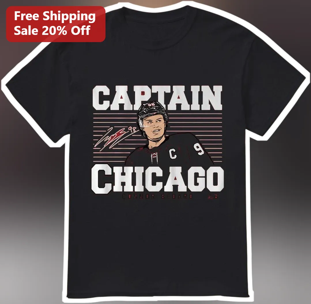 Captain Chicago Vintage Hockey Player Tee Connor Bedard Style Black Cotton Shirt