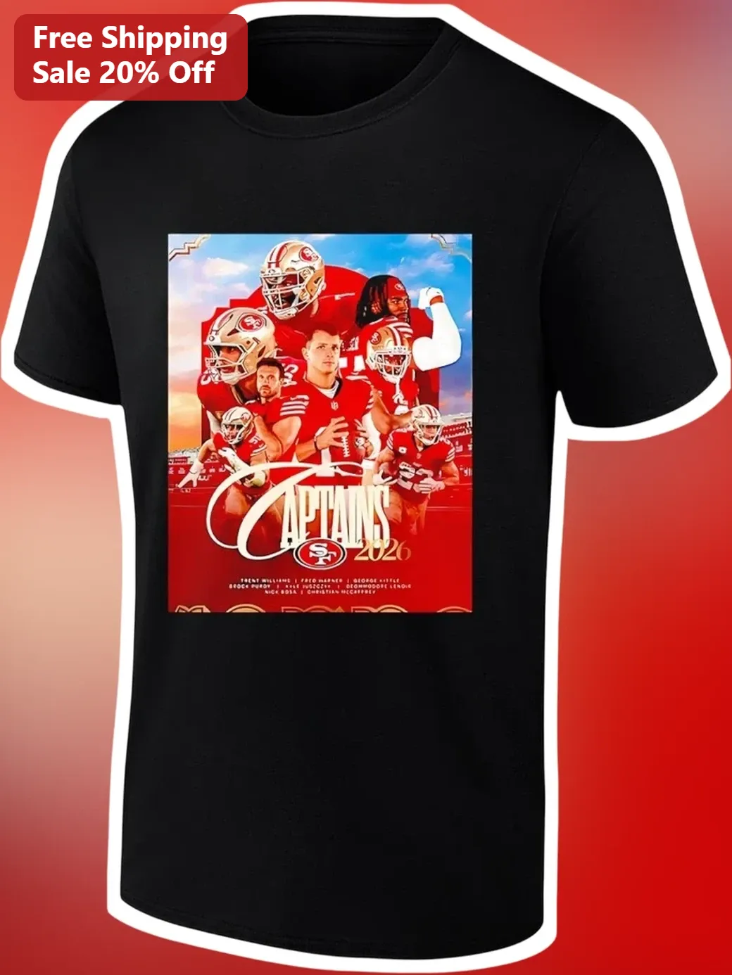 CAPTAINS 2026 SF 49ers Brock Purdy Football Collage Graphic Tee available at our Chicago, Illinois warehouse