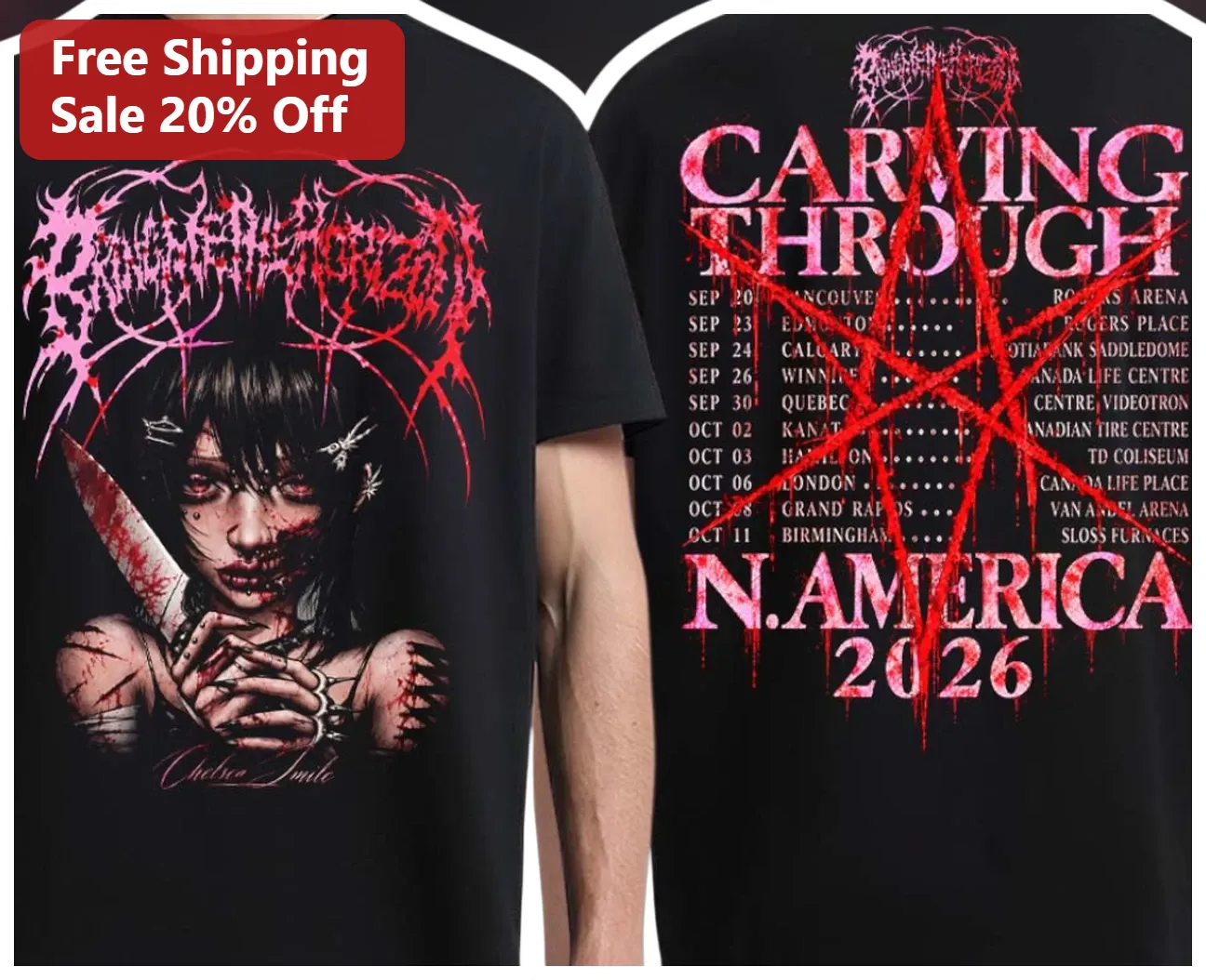 Carving Through N.America 2026 Tee Horror Metal Band Merch Chelsea Smiles Graphic Shirt