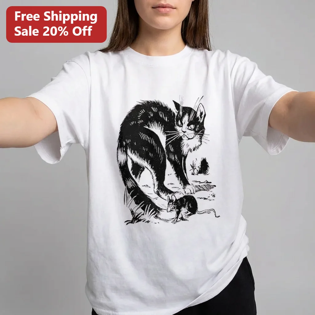 Cat and Mouse Ink Illustration Tee, Vintage Gothic Cat Art Shirt, Pen and Ink Drawing Tee Gift for Cat Lovers