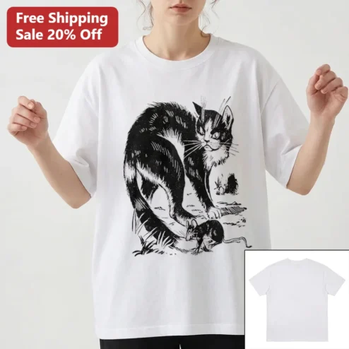 Cat and Rat Woodcut Print Tee, Vintage Medieval Cat Catching Rat Ink Illustration Shirt, Dark Academia Gothic Cat Lover Gift