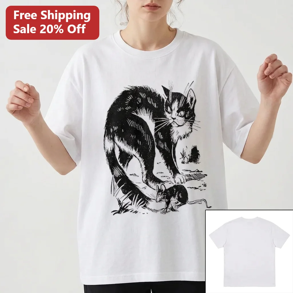 Cat and Rat Woodcut Print Tee, Vintage Medieval Cat Catching Rat Ink Illustration Shirt, Dark Academia Gothic Cat Lover Gift