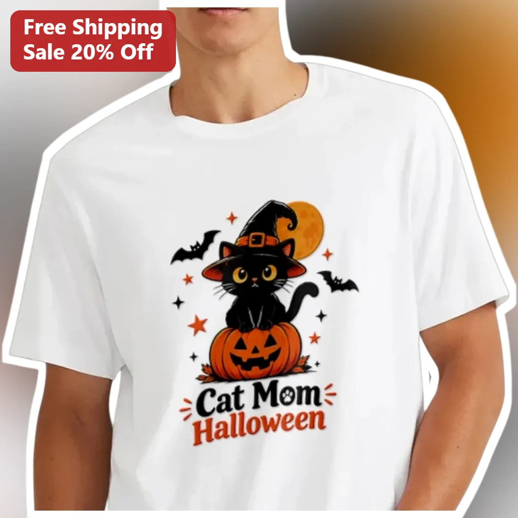 Cat Mom Halloween Tee Cute Black Cat Witch Graphic Shirt for Women