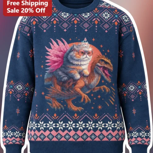 Cat Riding Dinosaur Ugly Christmas Sweatshirt Funny Holiday Crewneck Gift for Cat Lovers and Dinosaur Fans