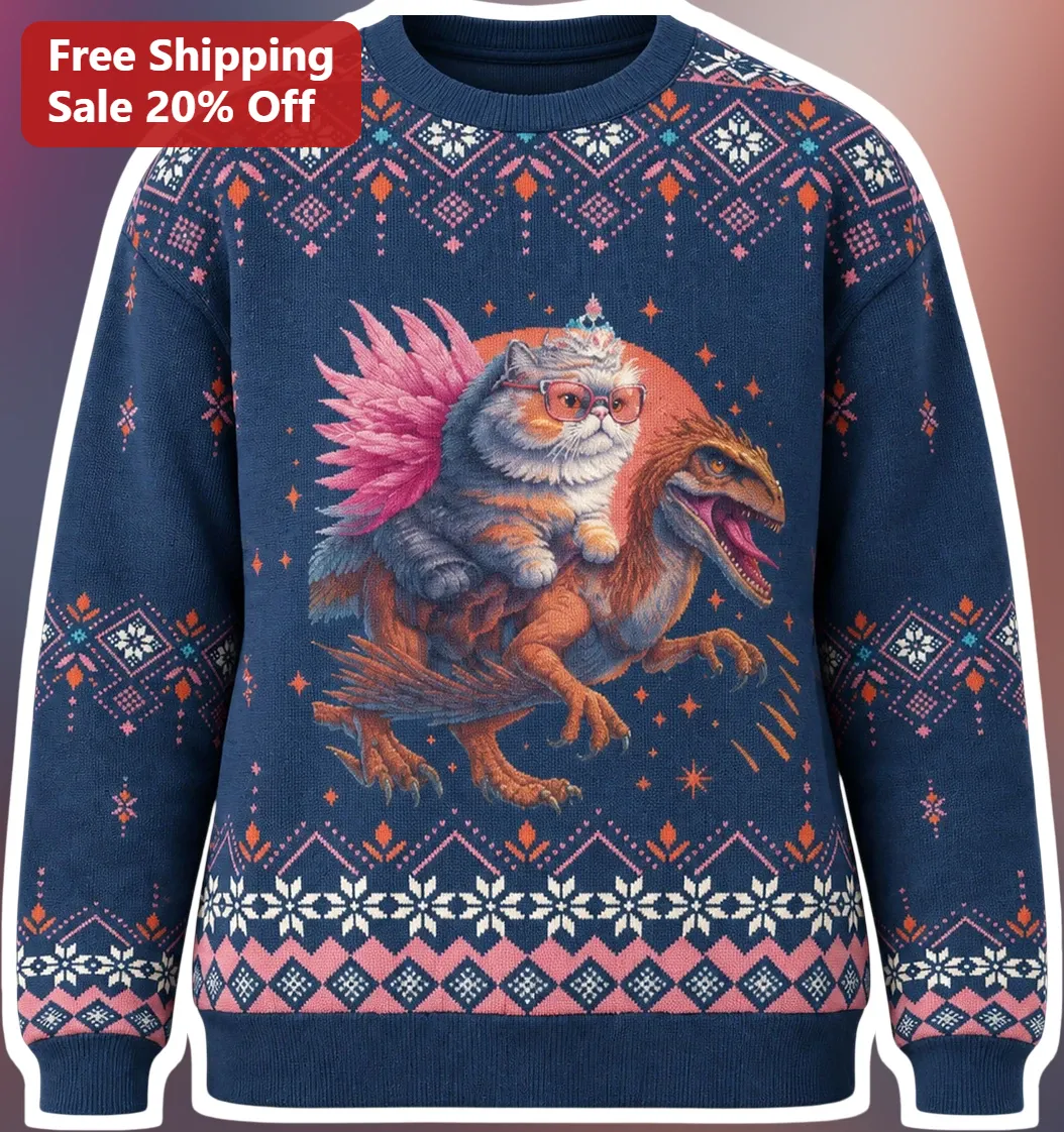 Cat Riding Dinosaur Ugly Christmas Sweatshirt Funny Holiday Crewneck Gift for Cat Lovers and Dinosaur Fans