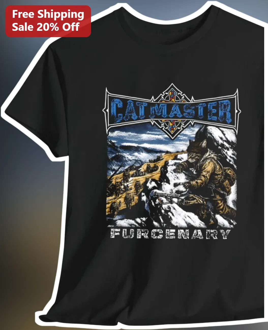 Catmaster Furcenary Funny Cat Warrior Graphic Tee