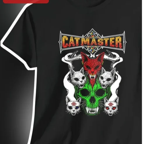 CATMASTER Heavy Metal Cat Skull Graphic Tee Gothic Horror Gift for Men Women