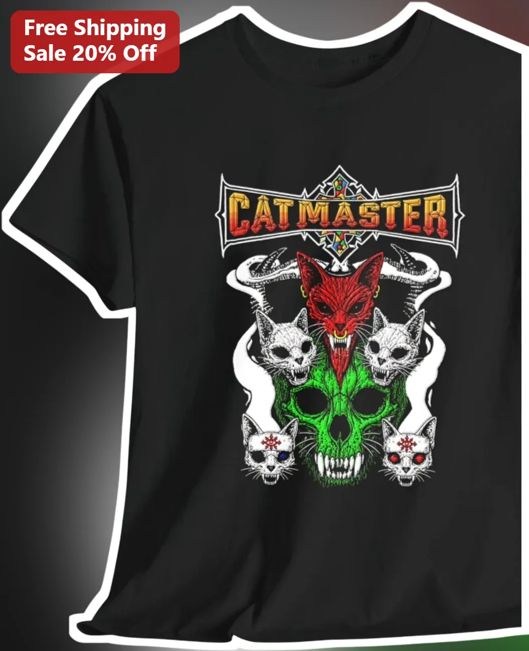 CATMASTER Heavy Metal Cat Skull Graphic Tee Gothic Horror Gift for Men Women