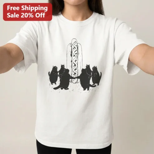 Cats Summoning Hot Dog Tee, Funny Cat Ritual Graphic Shirt, Quirky Animal Meme Gift for Cat Lovers