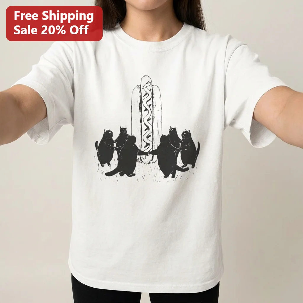 Cats Summoning Hot Dog Tee, Funny Cat Ritual Graphic Shirt, Quirky Animal Meme Gift for Cat Lovers
