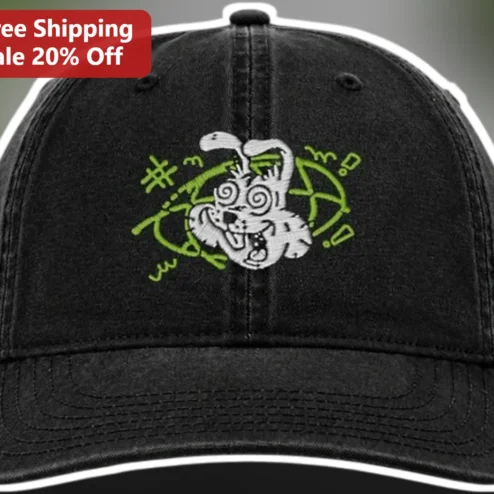 Chaotic Rabbit Hat Embroidered Distressed Baseball Cap Edgy Streetwear Bunny Dad Hat for Men
