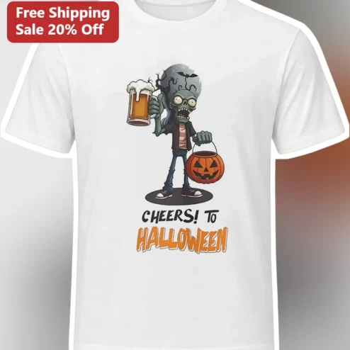 Cheers To Halloween Zombie Beer Mug Graphic Tee Funny Spooky Party Shirt