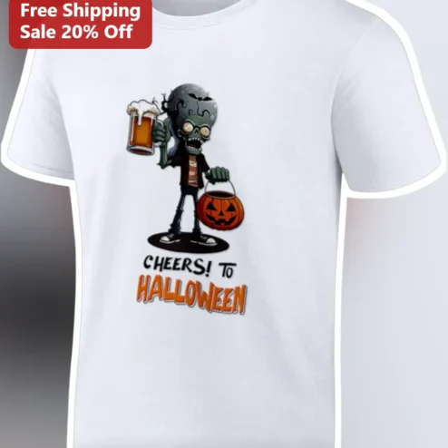 Cheers To Halloween Zombie Drinking Beer Graphic Tee Funny Spooky Party Shirt Gift