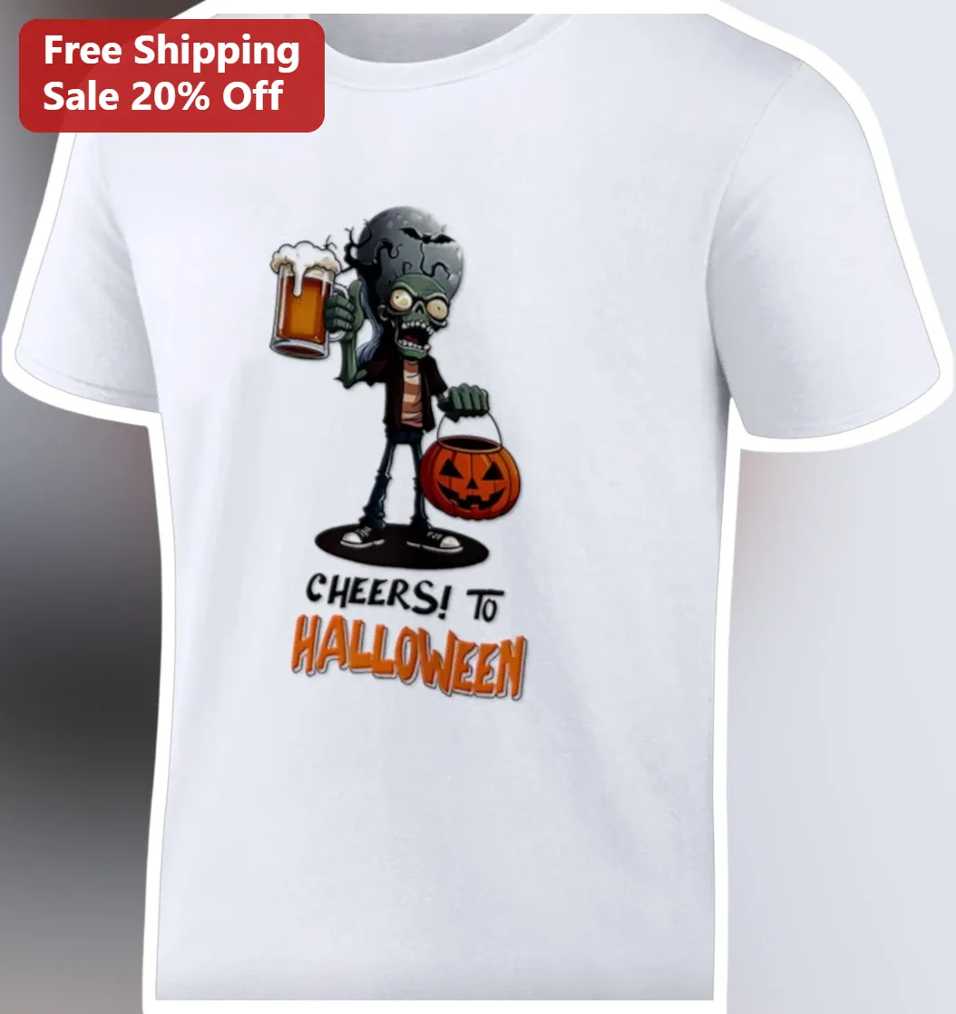 Cheers To Halloween Zombie Drinking Beer Graphic Tee Funny Spooky Party Shirt Gift