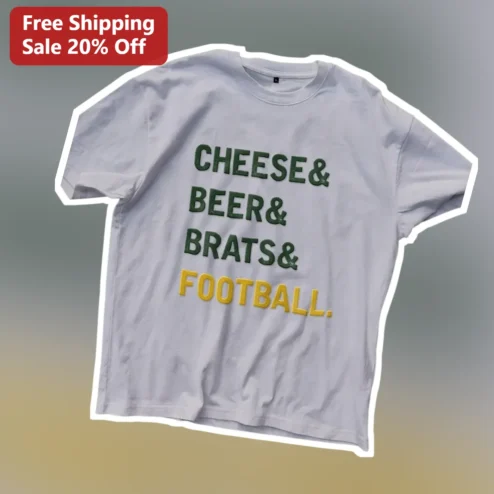 Cheese Beer Brats Football Graphic Tee for Wisconsin Packers Fans Game Day Tailgate Shirt