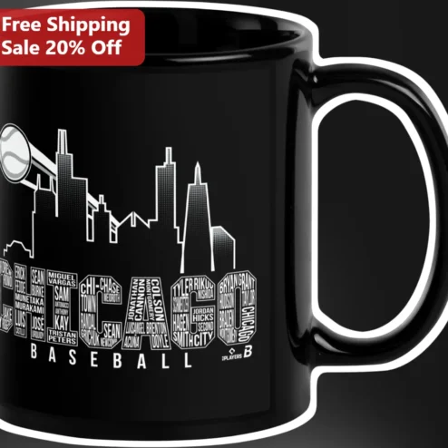 Chicago Baseball Mug Black Ceramic Cup with Skyline and Player Names Typography Gift for Cubs Fans