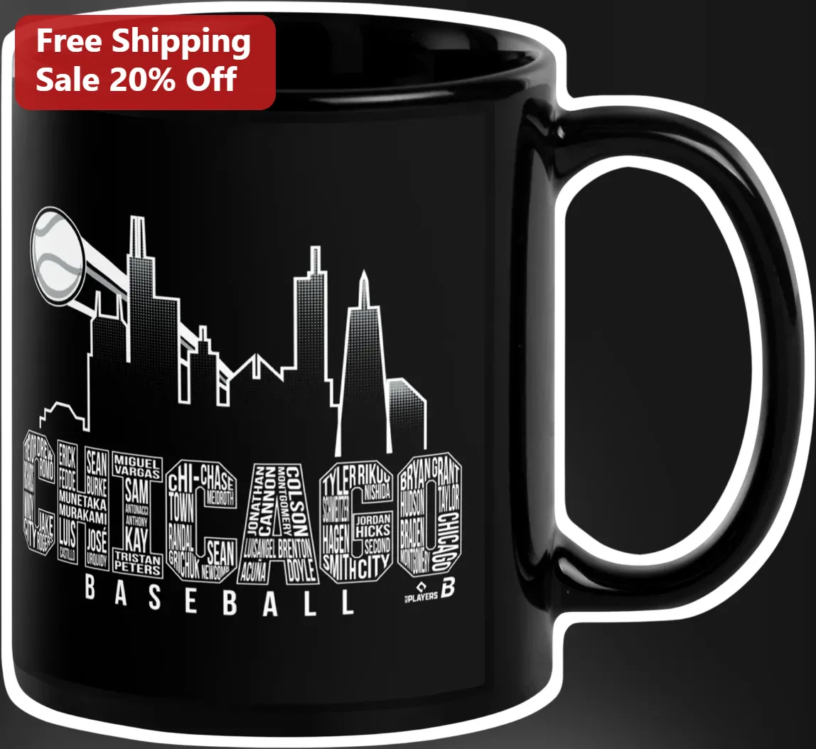 Chicago Baseball Mug Black Ceramic Cup with Skyline and Player Names Typography Gift for Cubs Fans
