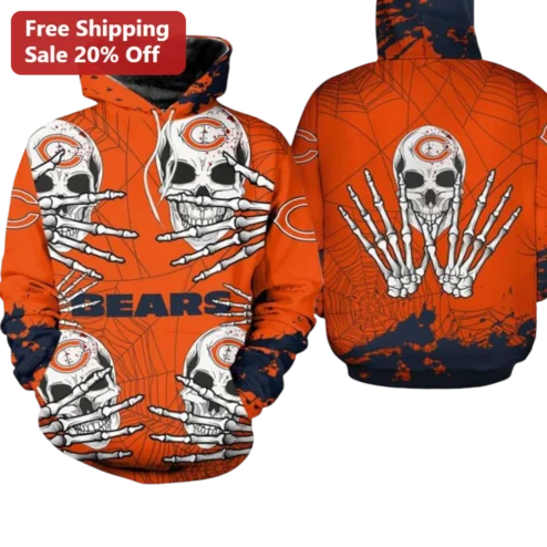 Chicago Bears Halloween Skulls All-Over Print Hoodie Spooky NFL Fan Gear