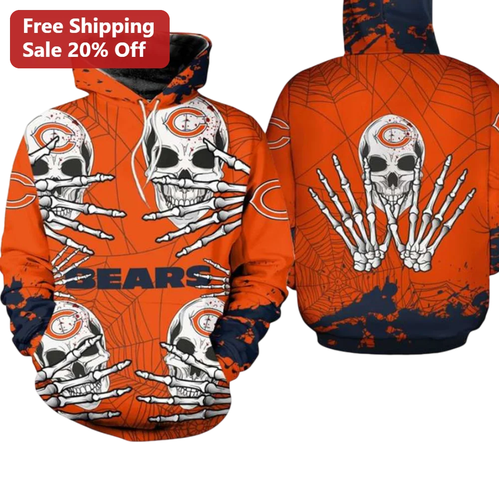 Chicago Bears Halloween Skulls All-Over Print Hoodie Spooky NFL Fan Gear