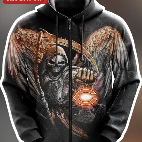 Chicago Bears Hoodie Grim Reaper All Over Print Zip Up Black NFL Fan Apparel