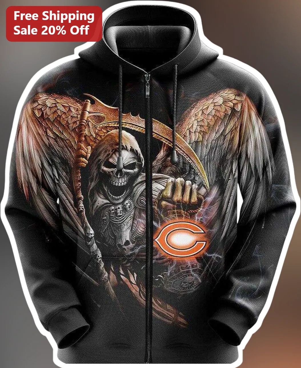 Chicago Bears Hoodie Grim Reaper All Over Print Zip Up Black NFL Fan Apparel
