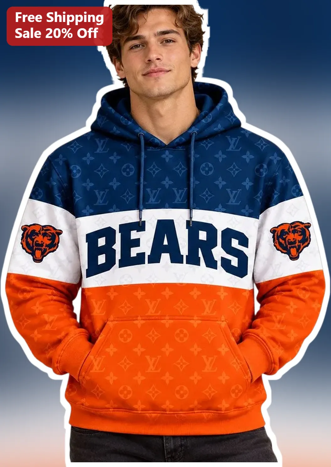 Chicago Bears Pullover Hoodie Luxury Monogram Navy Orange White NFL Fan Gear
