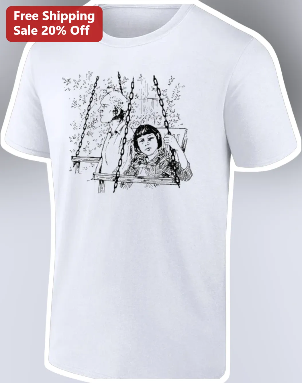 Children on Swings Sketch Tee Vintage Black and White Line Art Nostalgic Childhood Gift