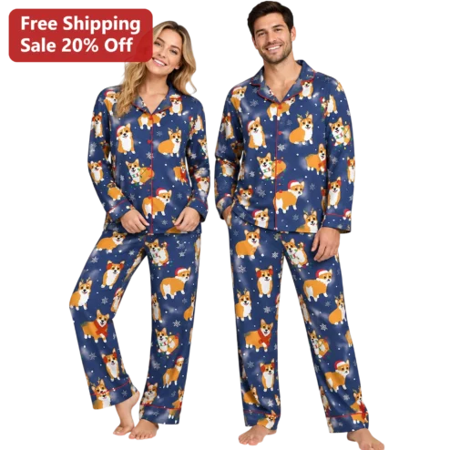Christmas Corgi Pajamas Matching Couples Holiday Sleepwear Set