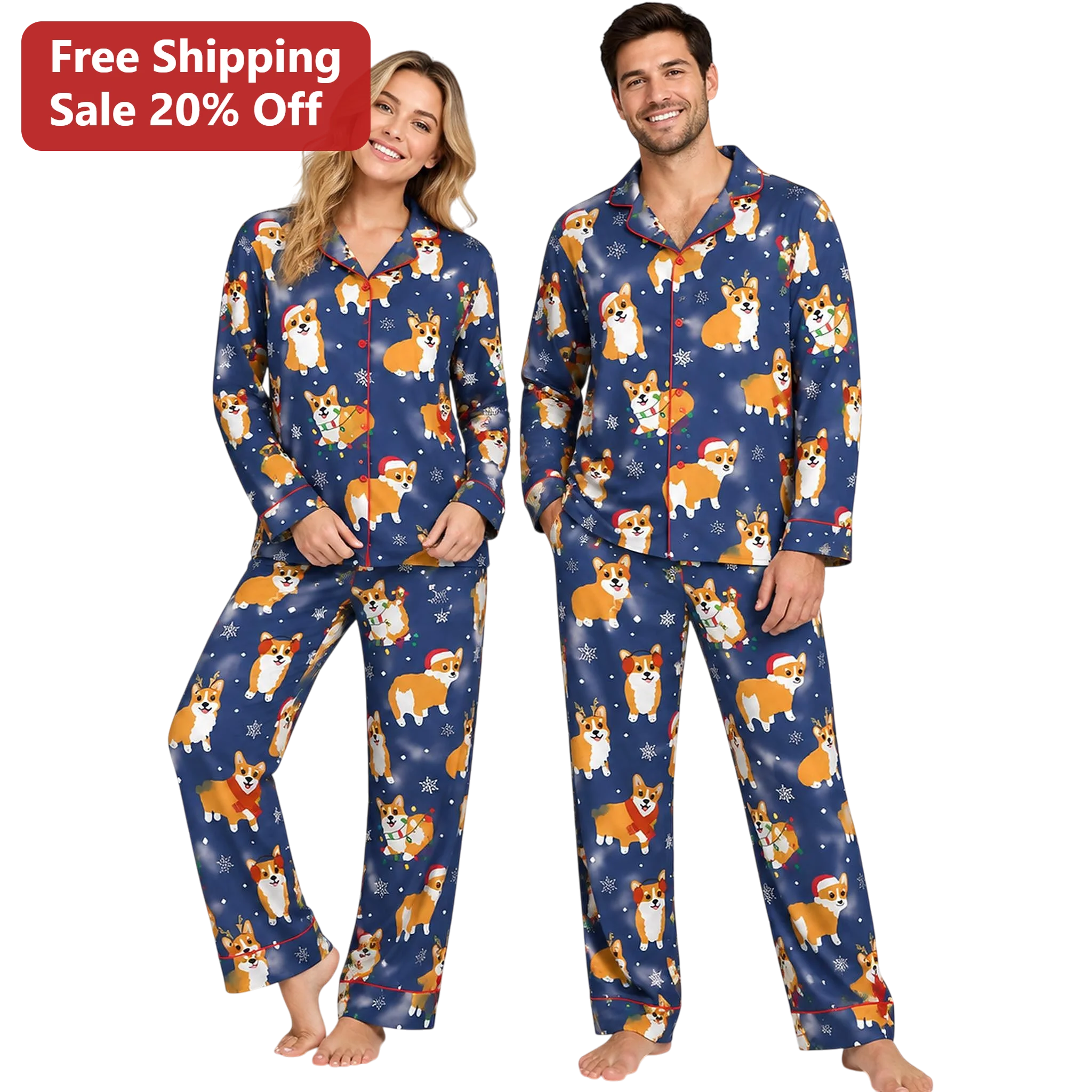 Christmas Corgi Pajamas Matching Couples Holiday Sleepwear Set