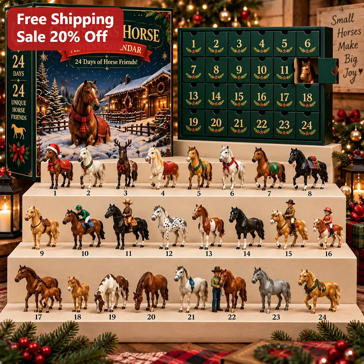 Christmas Horse Advent Calendar Box for Adults, Equestrian Holiday Gift with Miniature Figurines