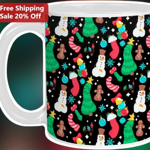 Christmas Icons Pattern Mug Festive Holiday Gift for Family and Office