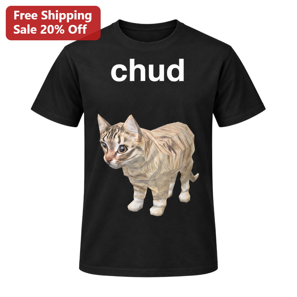 Chud Cat Low Poly Meme Tee Funny Ironic 3D Tabby Cat Graphic T-Shirt Novelty Humor Gift