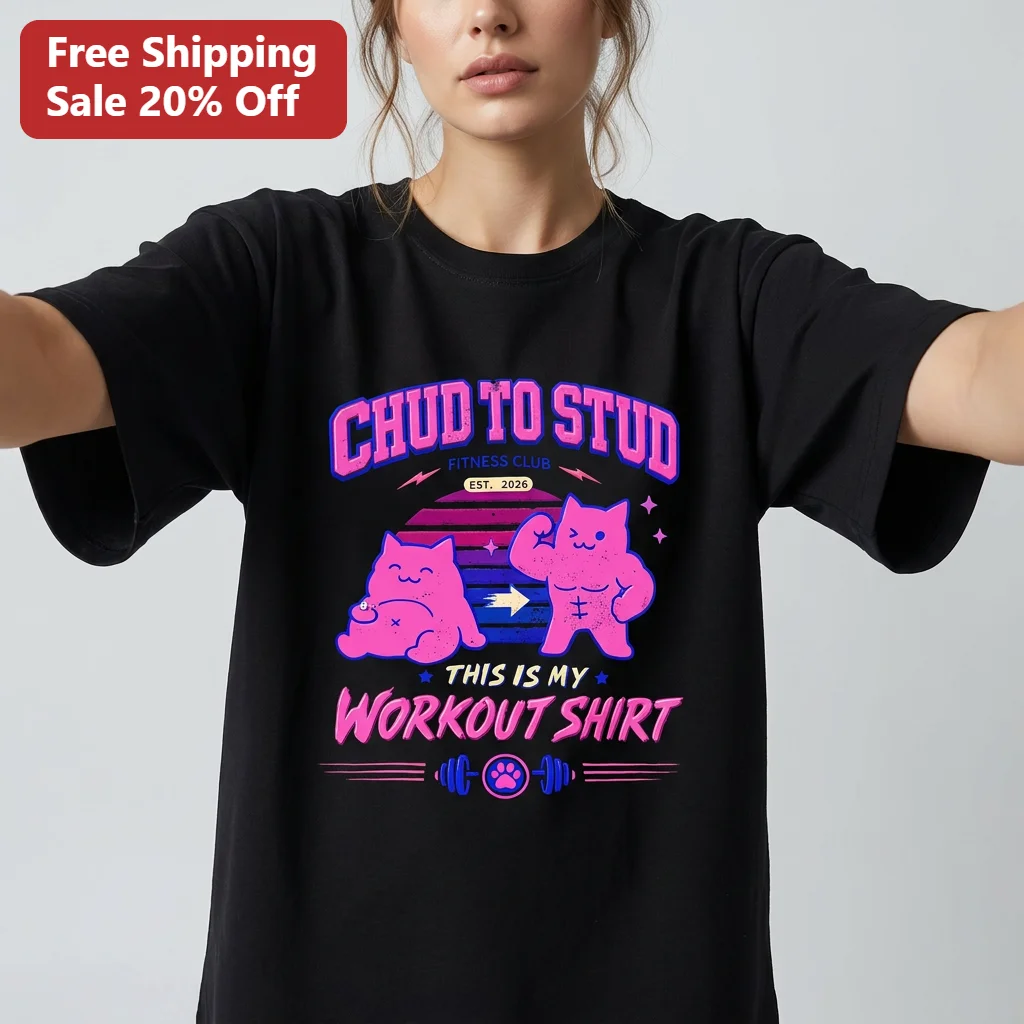 Chud to Stud Fitness Club Tee, Funny Cat Workout Shirt, Retro Gym Graphic Tee Gift for Cat Lovers