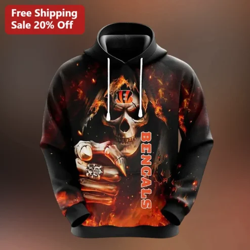 Cincinnati Bengals Gothic Skeleton Hand Pullover Hoodie NFL Football Fan Gear