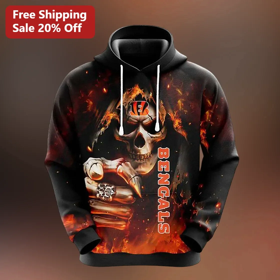 Cincinnati Bengals Gothic Skeleton Hand Pullover Hoodie NFL Football Fan Gear