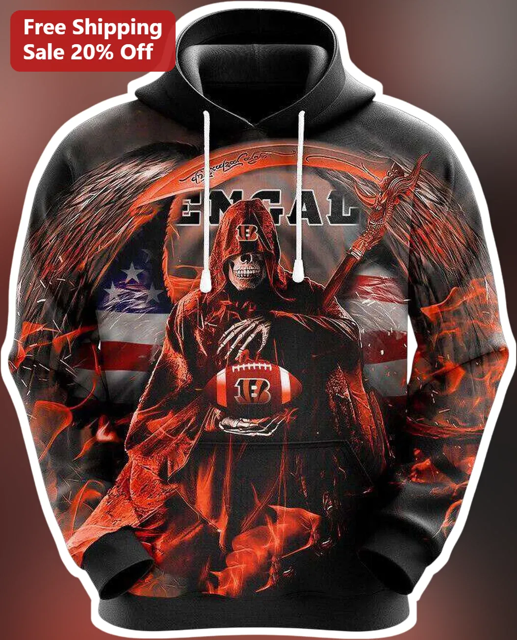 Cincinnati Bengals Grim Reaper Football Hoodie NFL Fan Gear Black Pullover