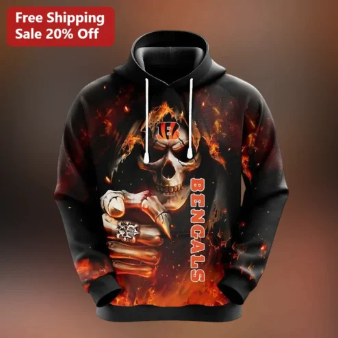 Cincinnati Bengals Skull Hand Pullover Hoodie Black NFL Fan Apparel