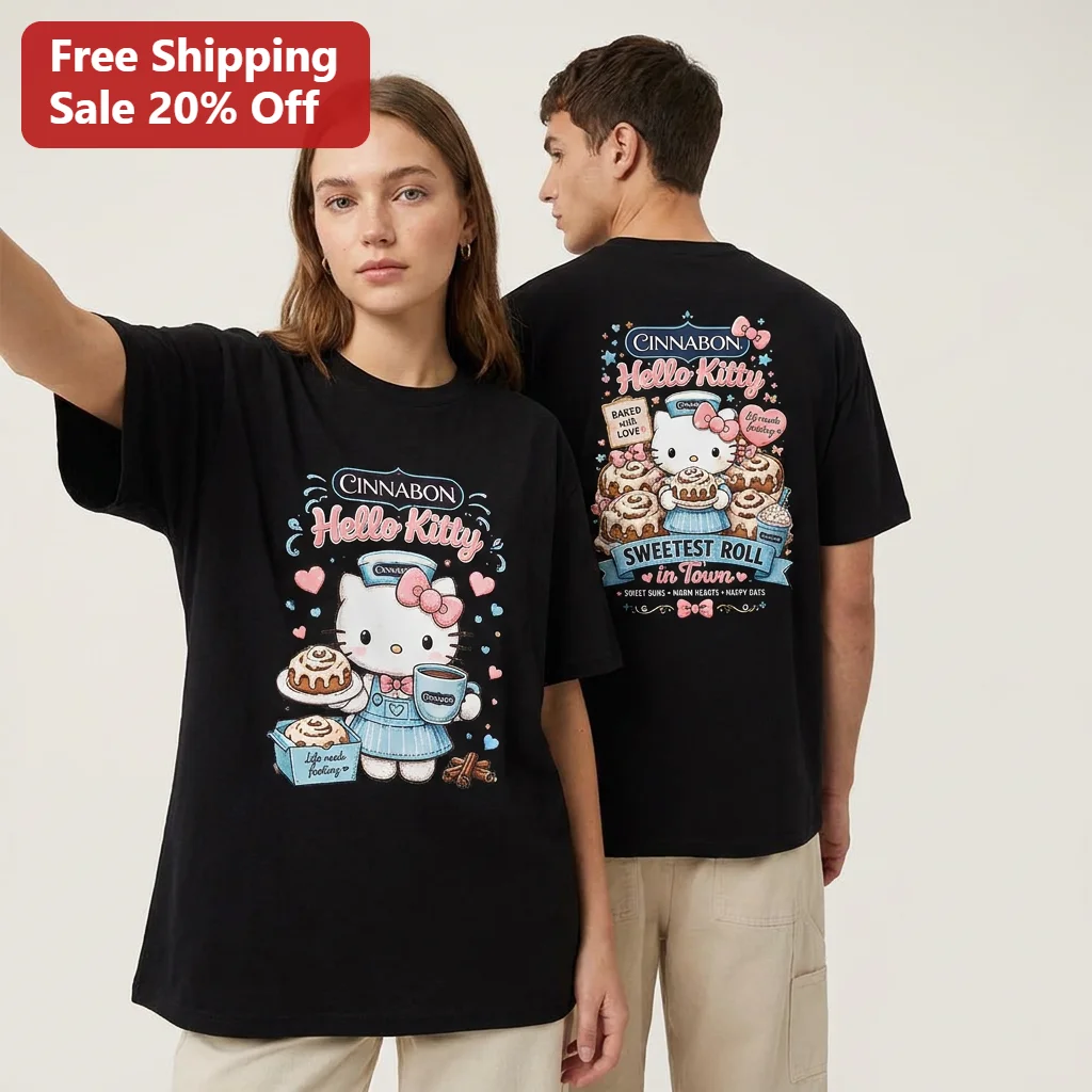 Cinnabon Hello Kitty Sweetest Roll in Town Tee Baked with Love Kawaii Bakery Graphic Shirt